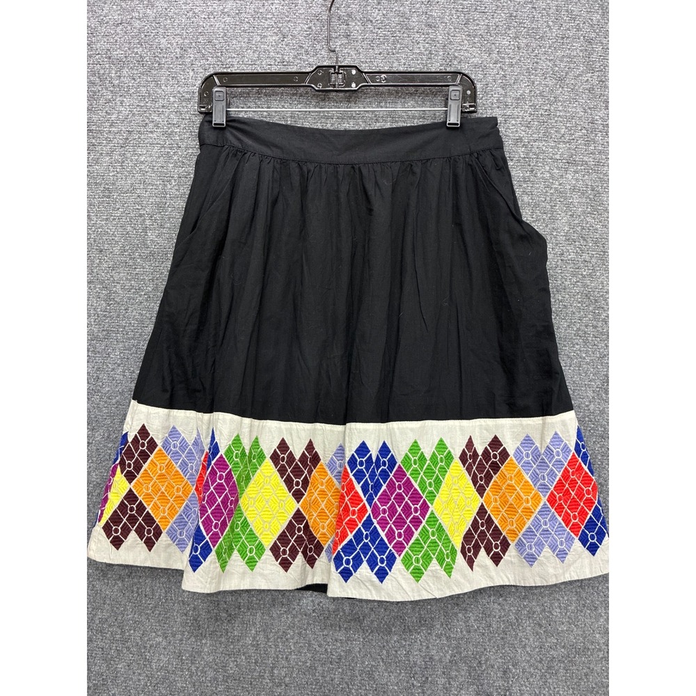 Floreat Anthropologie Black Embroidered Diamond Border A-Line Skirt Pockets 10